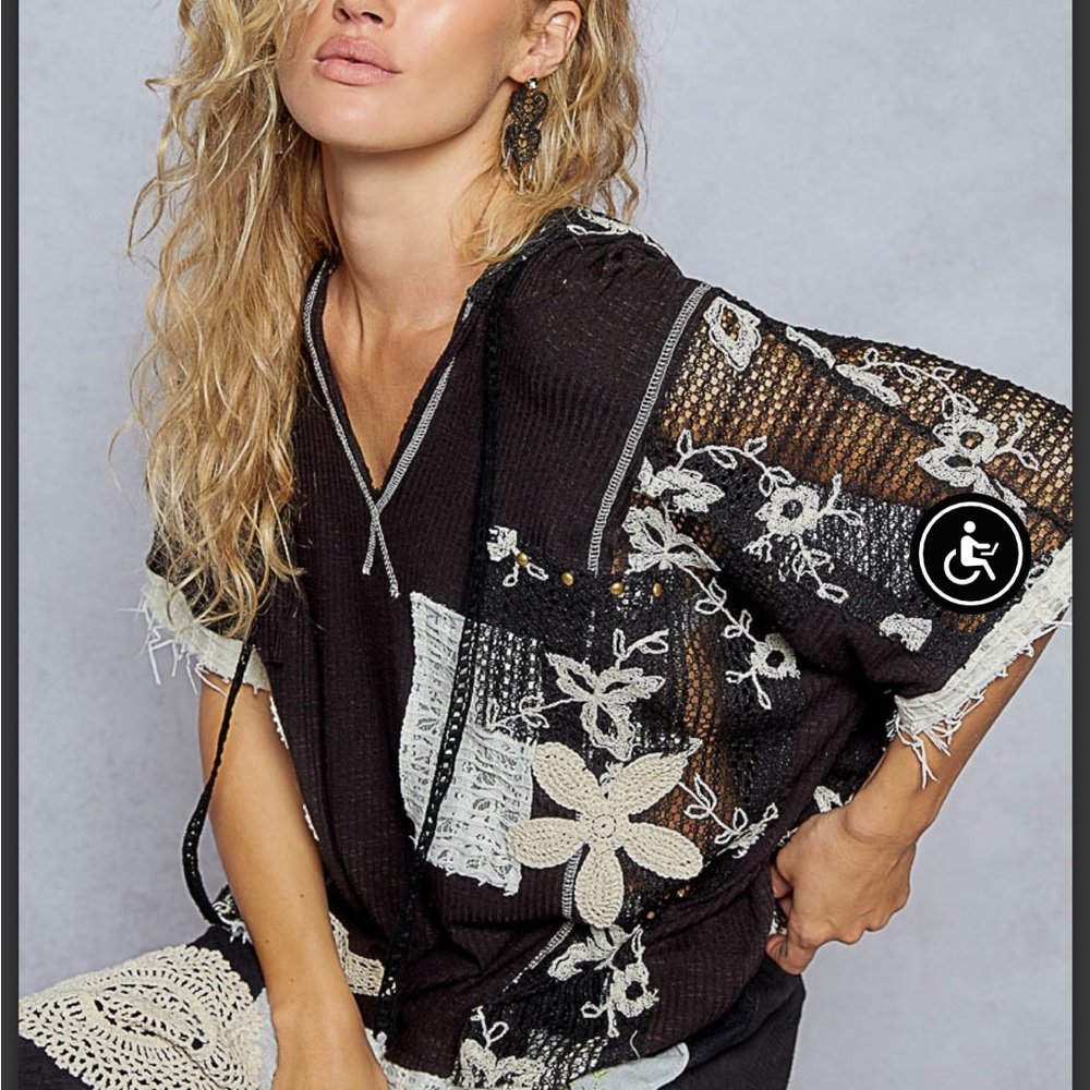 POL Black Patchwork Top with Crochet design - Picture 2 of 5